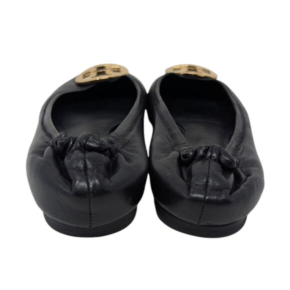 Tory Burch Minnie Black Leather Ballet Flats Gold Logo Size 7 - Picture 5 of 7